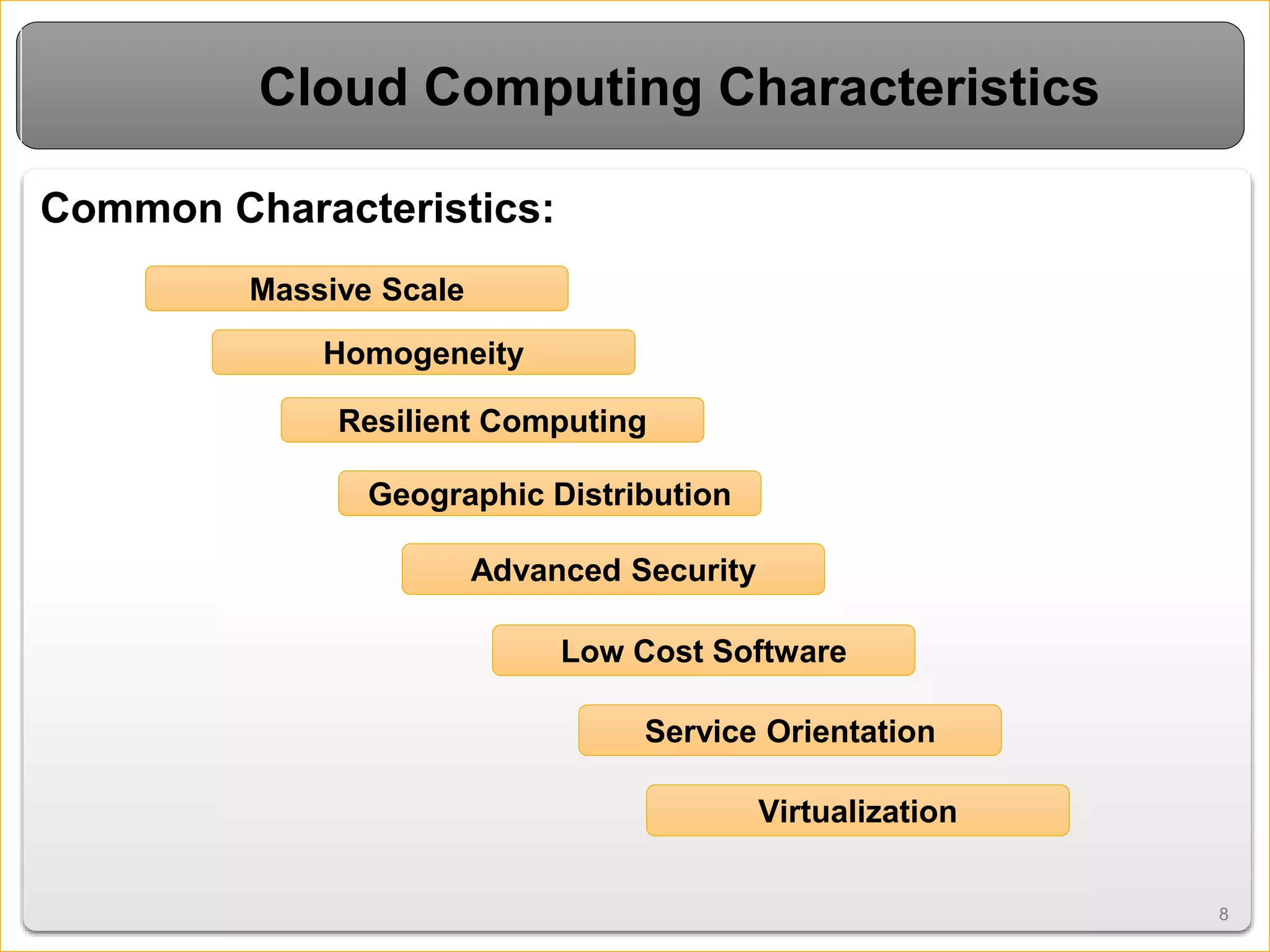 88
Cloud Computing Characteristics
Common Characteristics:
Massive Scale
Homogeneity
Virtualization
Low Cost Software
Resilient Computing
Geographic Distribution
Service Orientation
Advanced Security
 