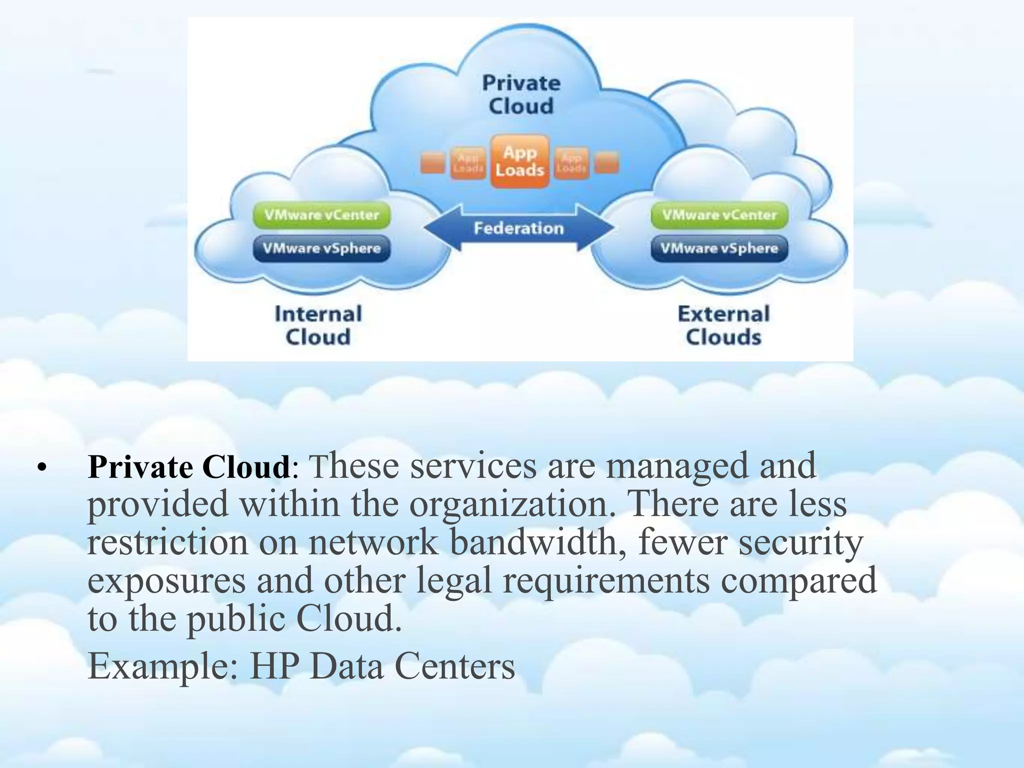 • Private Cloud: These services are managed and
provided within the organization. There are less
restriction on network bandwidth, fewer security
exposures and other legal requirements compared
to the public Cloud.
Example: HP Data Centers
 