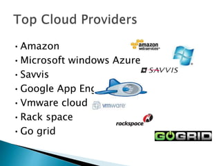 •Amazon
•Microsoft windows Azure
•Savvis
•Google App Engine
•Vmware cloud
•Rack space
•Go grid
 