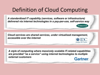 Definition of Cloud Computing
A standardised IT capability (services, software or infrastructure)
delivered via internet technologies in a pay-per-use, self-service way
A style of computing where massively scalable IT-related capabilities
are provided “as a service” using internet technologies to multiple
external customers
Cloud services are shared services, under virtualised management,
accessible over the internet
 