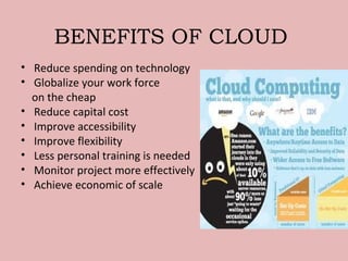 BENEFITS OF CLOUD
• Reduce spending on technology
• Globalize your work force
on the cheap
• Reduce capital cost
• Improve accessibility
• Improve flexibility
• Less personal training is needed
• Monitor project more effectively
• Achieve economic of scale
 
