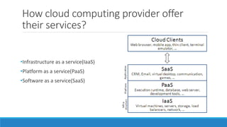 How cloud computing provider offer
their services?
•Infrastructure as a service(IaaS)
•Platform as a service(PaaS)
•Software as a service(SaaS)
 