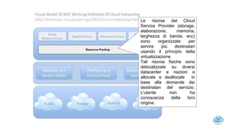 15
Resource Pooling
Le risorse del Cloud
Service Provider (storage,
elaborazione, memoria,
larghezza di banda, ecc)
sono organizzate per
servire più destinatari
usando il principio della
virtualizzazione.
Tali risorse fisiche sono
delocalizzate su diversi
datacenter e nazioni e
allocate e deallocate in
base alla domande dei
destinatari del servizio.
L'utente non ha
conoscenza della loro
origine.
NIST model: Resource pooling
 
