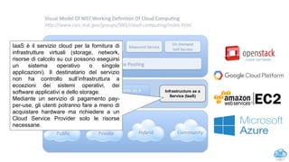 16
Infrastructure as a
Service (IaaS)
IaaS è il servizio cloud per la fornitura di
infrastrutture virtuali (storage, network,
risorse di calcolo su cui possono eseguirsi
un sistema operativo o singole
applicazioni). Il destinatario del servizio
non ha controllo sull’infrastruttura a
eccezioni dei sistemi operativi, dei
software applicativi e dello storage.
Mediante un servizio di pagamento pay-
per-use, gli utenti potranno fare a meno di
acquistare hardware ma richiedere a un
Cloud Service Provider solo le risorse
necessarie.
NIST model: IaaS
 