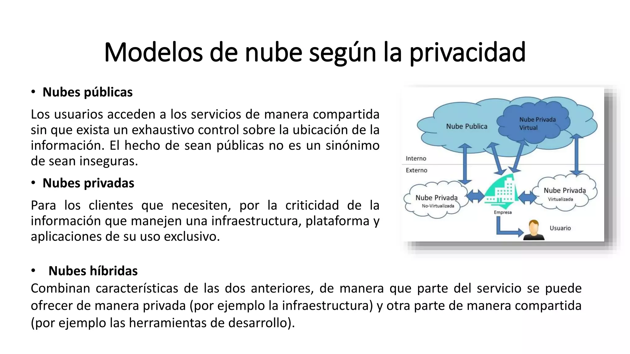 Modelos de nube según la privacidad
• Nubes públicas
Los usuarios acceden a los servicios de manera compartida
sin que exista un exhaustivo control sobre la ubicación de la
información. El hecho de sean públicas no es un sinónimo
de sean inseguras.
• Nubes privadas
Para los clientes que necesiten, por la criticidad de la
información que manejen una infraestructura, plataforma y
aplicaciones de su uso exclusivo.
• Nubes híbridas
Combinan características de las dos anteriores, de manera que parte del servicio se puede
ofrecer de manera privada (por ejemplo la infraestructura) y otra parte de manera compartida
(por ejemplo las herramientas de desarrollo).
