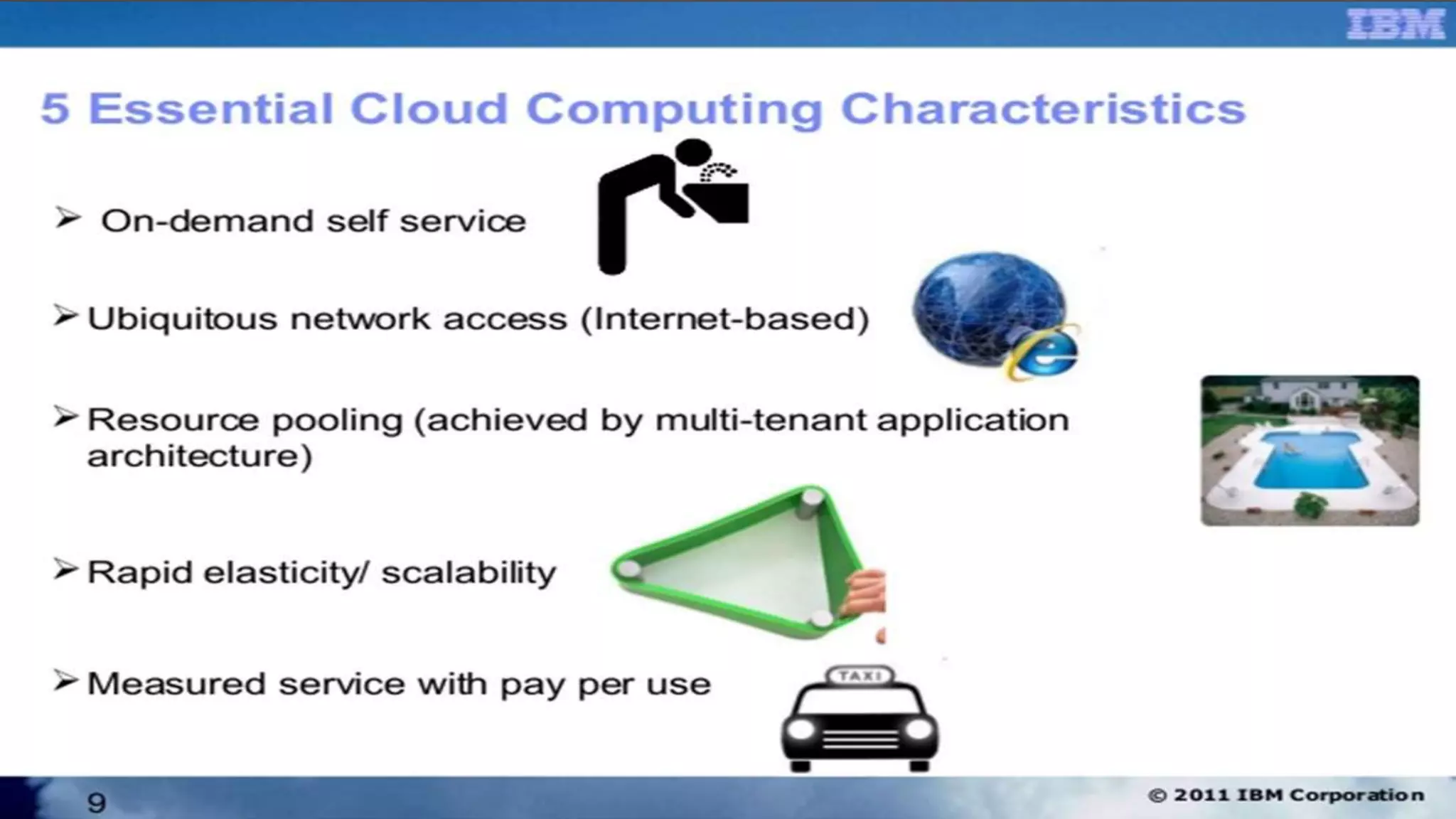 CHARACTERISTICS OF CLOUD COMPUTING
 On-demand self-service.
• A consumer can unilaterally provision computing capabilities such as server time and network storage as needed
automatically, without requiring human interaction with a service provider.
 Broad network access.
• Capabilities are available over the network and accessed through standard mechanisms that promote use by
heterogeneous thin or thick client platforms (e.g., mobile phones, laptops, and PDAs) as well as other
traditional or cloud based software services.
 Resource pooling.
• The provider’s computing resources are pooled to serve multiple consumers using a multi-tenant model, with
different physical and virtual resources dynamically assigned and reassigned according to consumer demand.
 Rapid elasticity.
• Capabilities can be rapidly and elastically provisioned - in some cases automatically - to quickly scale out; and
rapidly released to quickly scale in.
• To the consumer, the capabilities available for provisioning often appear to be unlimited and can be purchased in
any quantity at any time.
 Measured service.
• Cloud systems automatically control and optimize resource usage by leveraging a metering capability at some
level of abstraction appropriate to the type of service.
• Resource usage can be monitored, controlled, and reported - providing transparency for both the provider and
consumer of the service.
 