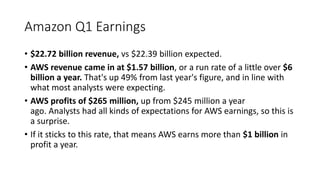 Amazon Q1 Earnings
• $22.72 billion revenue, vs $22.39 billion expected.
• AWS revenue came in at $1.57 billion, or a run rate of a little over $6
billion a year. That's up 49% from last year's figure, and in line with
what most analysts were expecting.
• AWS profits of $265 million, up from $245 million a year
ago. Analysts had all kinds of expectations for AWS earnings, so this is
a surprise.
• If it sticks to this rate, that means AWS earns more than $1 billion in
profit a year.
 