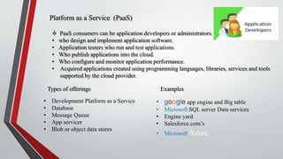 Platform as a Service (PaaS)
 PaaS consumers can be application developers or administrators.
• who design and implement application software.
• Application testers who run and test applications.
• Who publish applications into the cloud.
• Who configure and monitor application performance.
• Acquired applications created using programming languages, libraries, services and tools
supported by the cloud provider.
Types of offerings
• Development Platform as a Service
• Database
• Message Queue
• App servicer
• Blob or object data stores
Examples
• google app engine and Big table
• Microsoft SQL server Data services
• Engine yard
• Salesforce.com’s
• Microsoft Azure
 