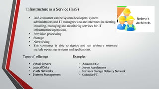 Infrastructure as a Service (IaaS)
• IaaS consumer can be system developers, system
administrators and IT managers who are interested in creating,
installing, managing and monitoring services for IT
infrastructure operations.
• Provision processing
• Storage
• Networking
• The consumer is able to deploy and run arbitrary software
include operating systems and applications.
Types of offerings
• Virtual Servers
• Logical Disks
• VLAN Networks
• Systems Management
Examples
• Amazon EC2
• Joyent Accelerators
• Nirvanix Storage Delivery Network
• Cohesive FT
 