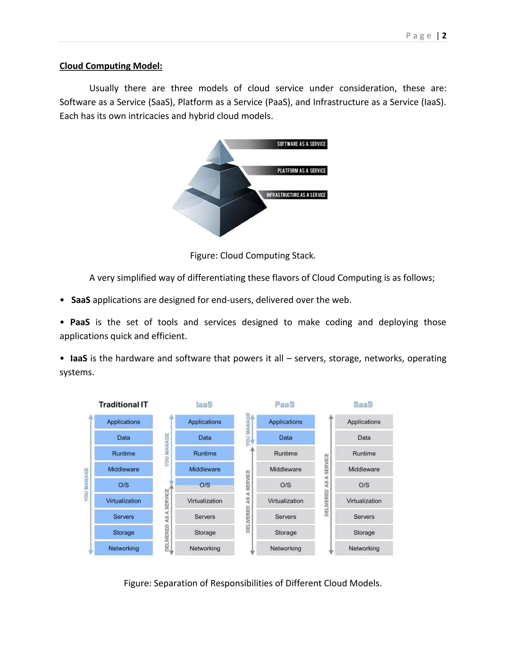 P a g e | 2
Cloud Computing Model:
Usually there are three models of cloud service under consideration, these are:
Software as a Service (SaaS), Platform as a Service (PaaS), and Infrastructure as a Service (IaaS).
Each has its own intricacies and hybrid cloud models.
Figure: Cloud Computing Stack.
A very simplified way of differentiating these flavors of Cloud Computing is as follows;
• SaaS applications are designed for end-users, delivered over the web.
• PaaS is the set of tools and services designed to make coding and deploying those
applications quick and efficient.
• IaaS is the hardware and software that powers it all – servers, storage, networks, operating
systems.
Figure: Separation of Responsibilities of Different Cloud Models.
 