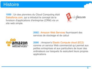 6
1999 : Un des pionniers du Cloud Computing était
Salesforce.com, qui a introduit le concept de la
livraison d'applications d'entreprise (CRM) via un
site web simple.
2002 : Amazon Web Services fournissant des
services de stockage et de calcul
2006 : Amazon’s Elastic Compute cloud (EC2)
comme un service Web commercial qui permet aux
petites entreprises et aux particuliers de louer des
ordinateurs sur lesquels ils exécutent leurs propres
applications
Histoire
 