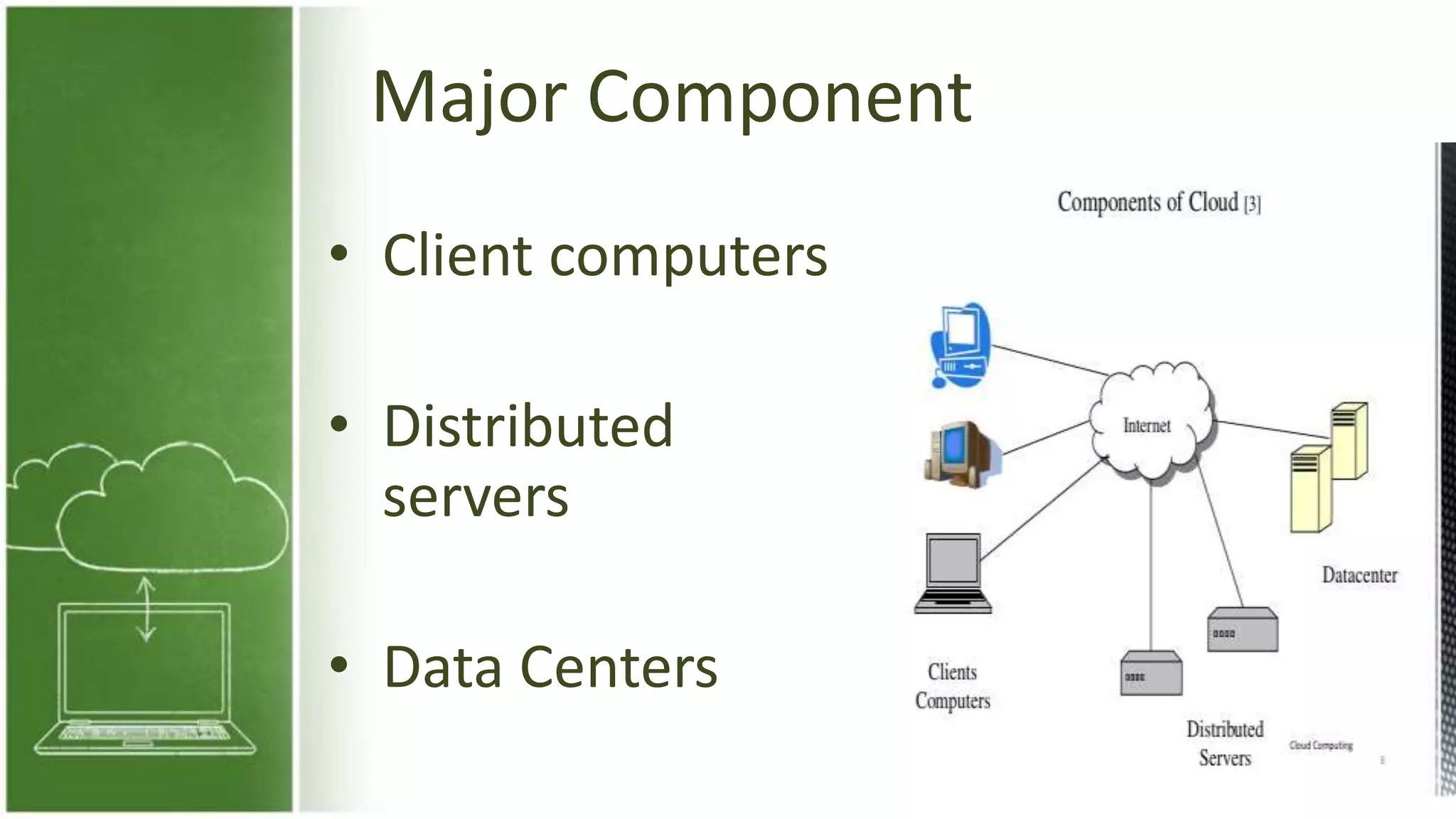 Major Component
• Client computers
• Distributed
servers
• Data Centers
 