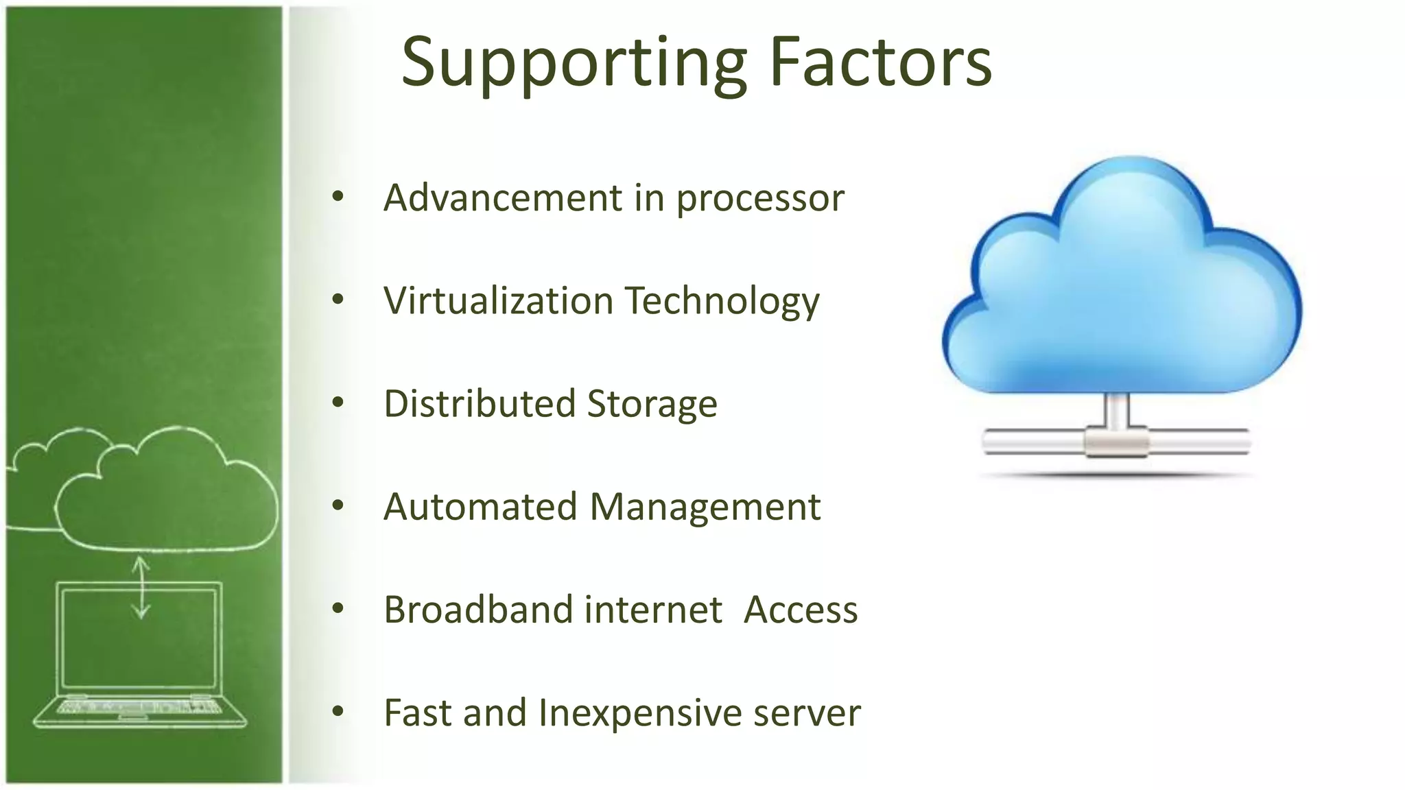 Supporting Factors
• Advancement in processor
• Virtualization Technology
• Distributed Storage
• Automated Management
• Broadband internet Access
• Fast and Inexpensive server
 