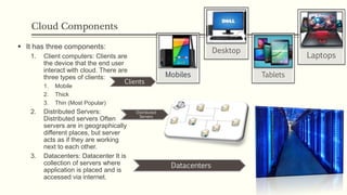Cloud Components
 It has three components:
1. Client computers: Clients are
the device that the end user
interact with cloud. There are
three types of clients:
1. Mobile
2. Thick
3. Thin (Most Popular)
2. Distributed Servers:
Distributed servers Often
servers are in geographically
different places, but server
acts as if they are working
next to each other.
3. Datacenters: Datacenter It is
collection of servers where
application is placed and is
accessed via internet.
Tablets
Laptops
Desktop
Datacenters
Distributed
Servers
Clients
 