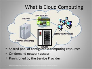 What is Cloud Computing
• Shared pool of configurable computing resources
• On-demand network access
• Provisioned by the Service Provider
7 Adopted from: Effectively and Securely Using the Cloud Computing Paradigm by peter Mell, Tim Grance
 