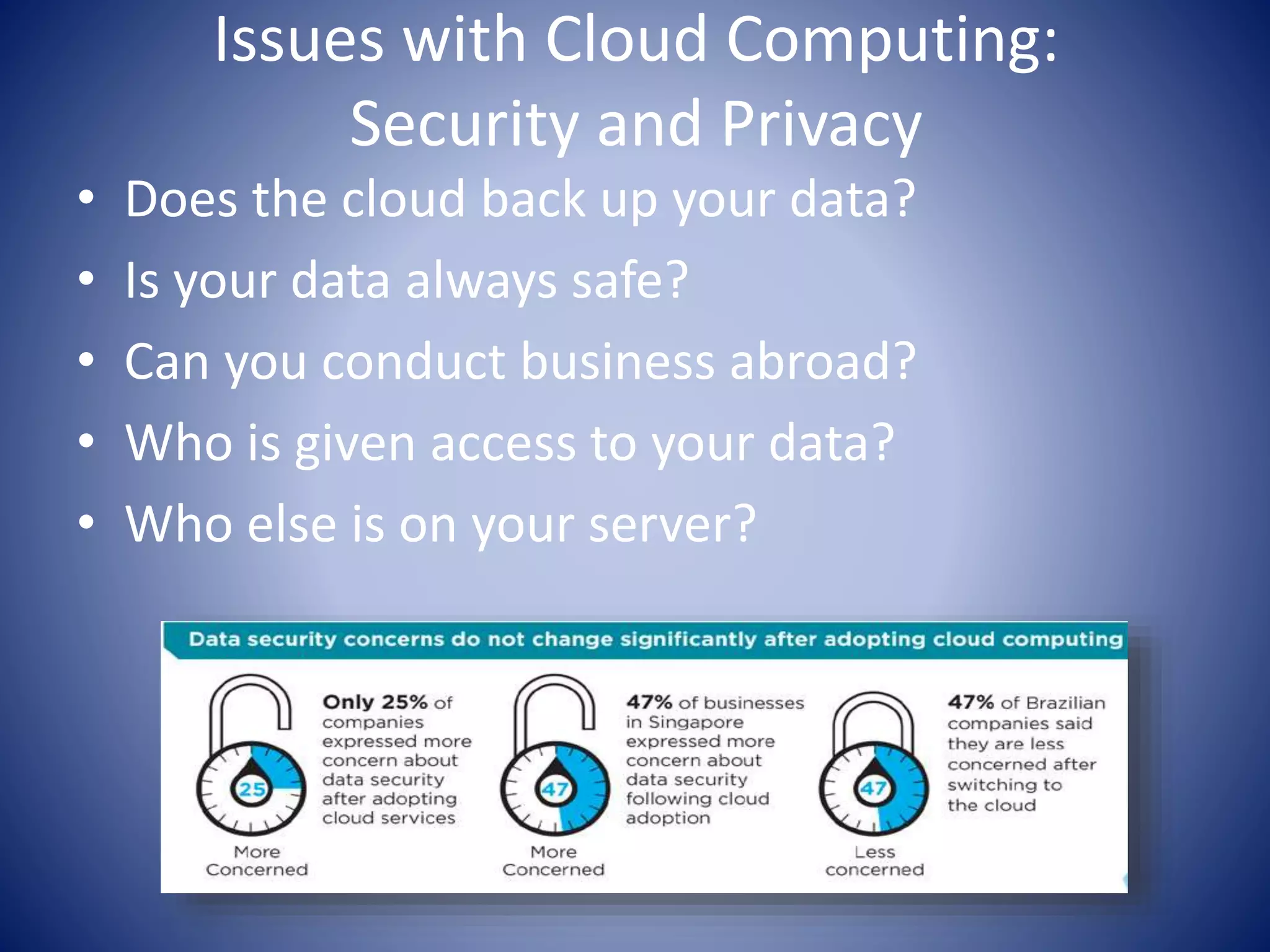 Issues with Cloud Computing:
Security and Privacy
• Does the cloud back up your data?
• Is your data always safe?
• Can you conduct business abroad?
• Who is given access to your data?
• Who else is on your server?
 