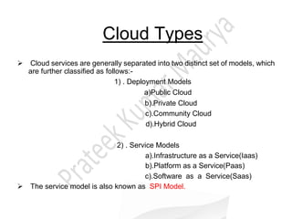 Cloud Types
Cloud services are generally separated into two distinct set of models, which
are further classified as follows:-
1) . Deployment Models
a)Public Cloud
b).Private Cloud
c).Community Cloud
d).Hybrid Cloud
2) . Service Models
a).Infrastructure as a Service(Iaas)
b).Platform as a Service(Paas)
c).Software as a Service(Saas)
The service model is also known as SPI Model.
 