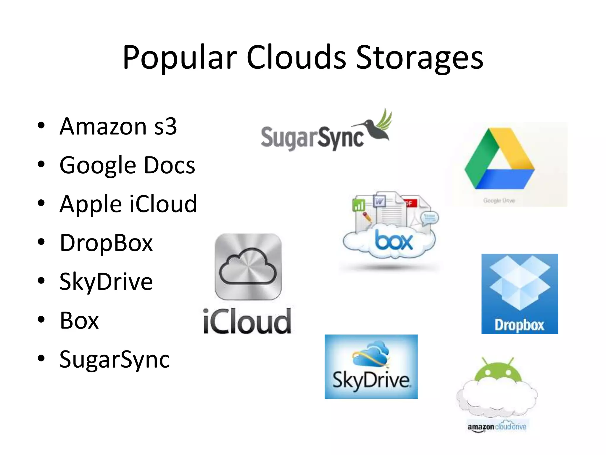 Popular Clouds Storages
• Amazon s3
• Google Docs
• Apple iCloud
• DropBox
• SkyDrive
• Box
• SugarSync
 