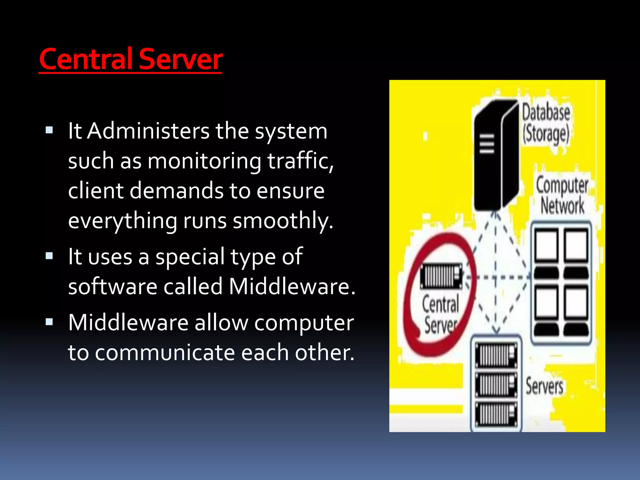 CentralServer
 It Administers the system
such as monitoring traffic,
client demands to ensure
everything runs smoothly.
 It uses a special type of
software called Middleware.
 Middleware allow computer
to communicate each other.
 