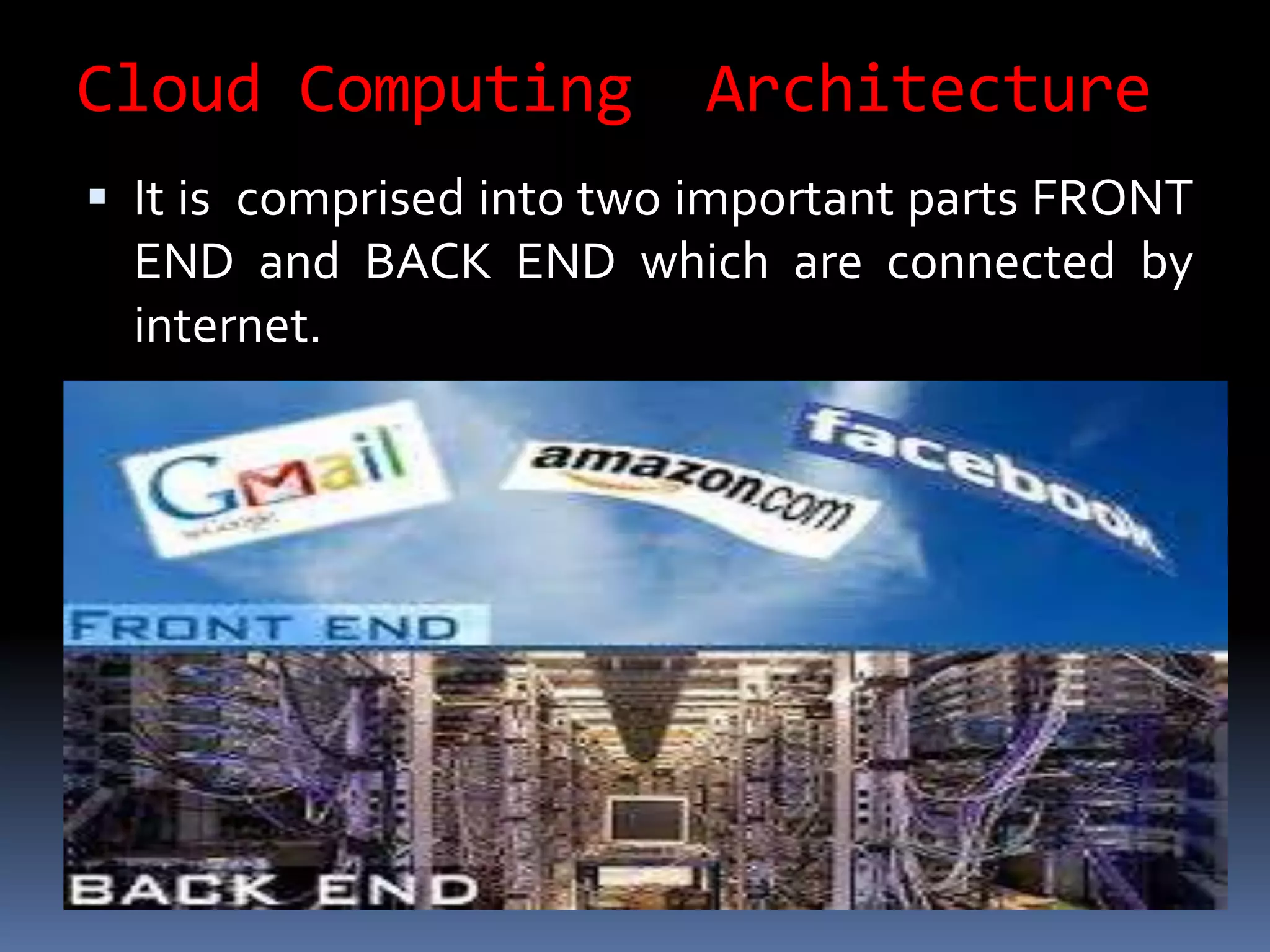 Cloud Computing Architecture
 It is comprised into two important parts FRONT
END and BACK END which are connected by
internet.
 