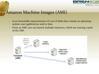 Amazon Machine Images (AMI)
 Is an immutable representation of a set of disks that contain an operating
system, user applications and/or data.
 From an AMI, one can launch multiple instances, which are running copies
of the AMI.
 