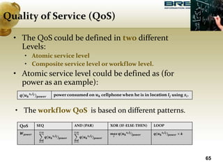 Quality of Service (QoS)
𝒒(𝒖 𝒌
𝒔𝒊,𝒍 𝒋) 𝒑𝒐𝒘𝒆𝒓 power consumed on 𝒖 𝒌 cellphone when he is in l𝐨𝐜𝐚𝐭𝐢𝐨𝐧 𝒍𝒋 using 𝒔𝒊.
65
• The QoS could be defined in two different
Levels:
• Atomic service level
• Composite service level or workflow level.
• Atomic service level could be defined as (for
power as an example):
• The workflow QoS is based on different patterns.
QoS SEQ AND (PAR) XOR (IF-ELSE-THEN) LOOP
𝑾 𝒑𝒐𝒘𝒆𝒓
𝒊=𝟏
𝒊=𝒏
𝒒(𝒖 𝒌
𝒔𝒊,𝒍 𝒋) 𝒑𝒐𝒘𝒆𝒓
𝒊=𝟏
𝒊=𝒏
𝒒(𝒖 𝒌
𝒔 𝒊,𝒍 𝒋) 𝒑𝒐𝒘𝒆𝒓
𝒎𝒂𝒙
𝒊
𝒒(𝒖 𝒌
𝒔 𝒊,𝒍 𝒋) 𝒑𝒐𝒘𝒆𝒓 𝒒(𝒖 𝒌
𝒔 𝒊,𝒍 𝒋) 𝒑𝒐𝒘𝒆𝒓 × 𝒌
 