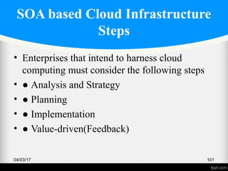 SOA based Cloud Infrastructure
Steps
• Enterprises that intend to harness cloud
computing must consider the following steps
• ● Analysis and Strategy
• ● Planning
• ● Implementation
• ● Value-driven(Feedback)
04/03/17 101
 