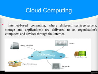 Cloud Computing

Internet-based computing, where different services(servers,
storage and applications) are delivered to an organization's
computers and devices through the Internet.
 