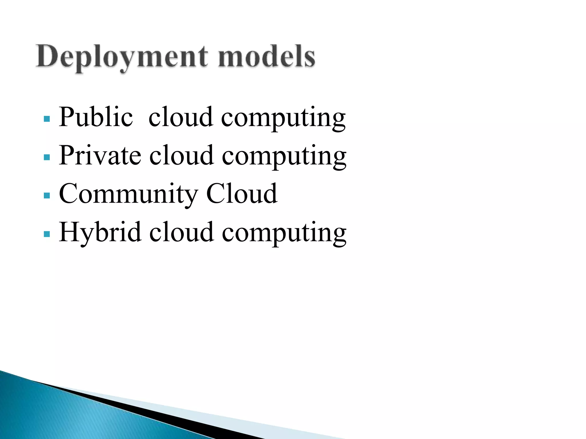  Public cloud computing
 Private cloud computing
 Community Cloud
 Hybrid cloud computing
 