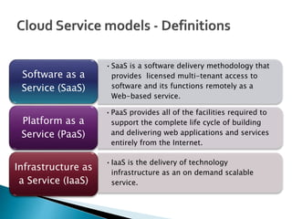 •SaaS is a software delivery methodology that
provides licensed multi-tenant access to
software and its functions remotely as a
Web-based service.
Software as a
Service (SaaS)
•PaaS provides all of the facilities required to
support the complete life cycle of building
and delivering web applications and services
entirely from the Internet.
Platform as a
Service (PaaS)
•IaaS is the delivery of technology
infrastructure as an on demand scalable
service.
Infrastructure as
a Service (IaaS)
 