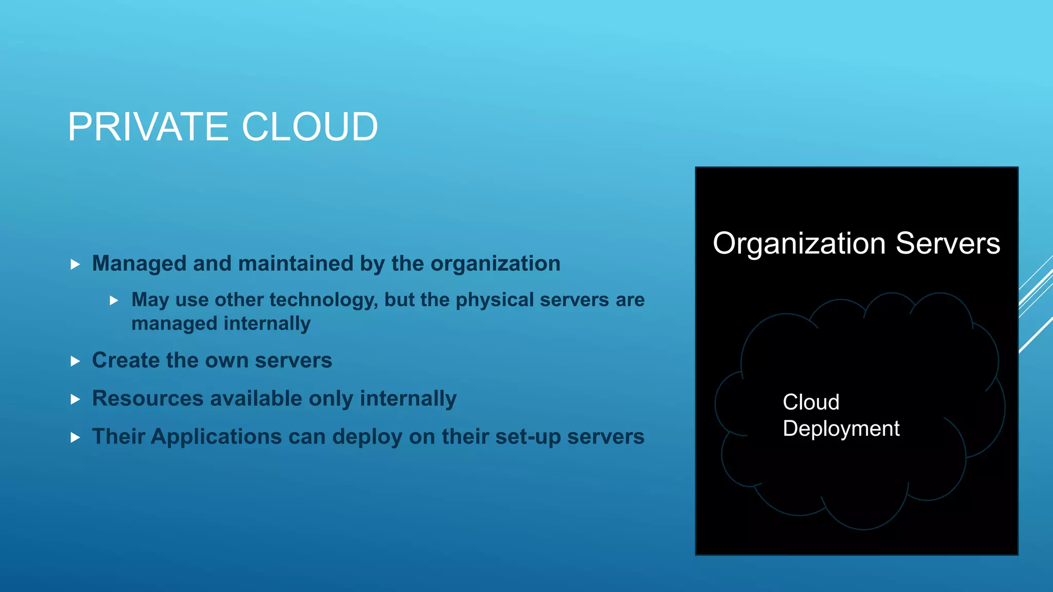 PRIVATE CLOUD
 Managed and maintained by the organization
 May use other technology, but the physical servers are
managed internally
 Create the own servers
 Resources available only internally
 Their Applications can deploy on their set-up servers
Cloud
Deployment
Organization Servers
 