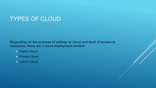 TYPES OF CLOUD
Depending on the purpose of setting up cloud and level of access to
resources, there are 3 cloud deployment models:
 Public Cloud
 Private Cloud
 Hybrid Cloud
 