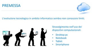 PREMESSA
L'evoluzione tecnologica in ambito informatico sembra non conoscere limiti.
Stravolgimento nell’uso dei
dispositivi computazionali:
• Desktop pc
• Notebook
• Tablet
• Smartphone
 