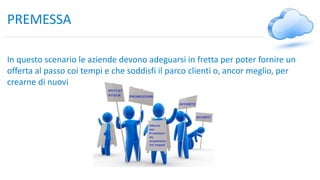 PREMESSA
In questo scenario le aziende devono adeguarsi in fretta per poter fornire un
offerta al passo coi tempi e che soddisfi il parco clienti o, ancor meglio, per
crearne di nuovi
 