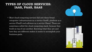 TYPES OF CLOUD SERVICES:
IAAS, PAAS, SAAS
• Most cloud computing services fall into three broad
categories: infrastructure...