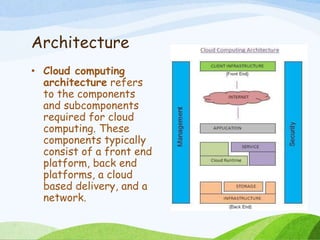 Architecture
• Cloud computing
architecture refers
to the components
and subcomponents
required for cloud
computing. These
components typically
consist of a front end
platform, back end
platforms, a cloud
based delivery, and a
network.
 
