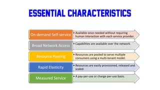Essential Characteristics
• Available once needed without requiring
human interaction with each service provider.On-demand Self-service
• Capabilities are available over the network.
Broad Network Access
• Resources are pooled to serve multiple
consumers using a multi-tenant model.Resource Pooling
• Resources are easily provisioned, released and
scaled.Rapid Elasticity
• A pay-per-use or charge-per-use basis.
Measured Service
 