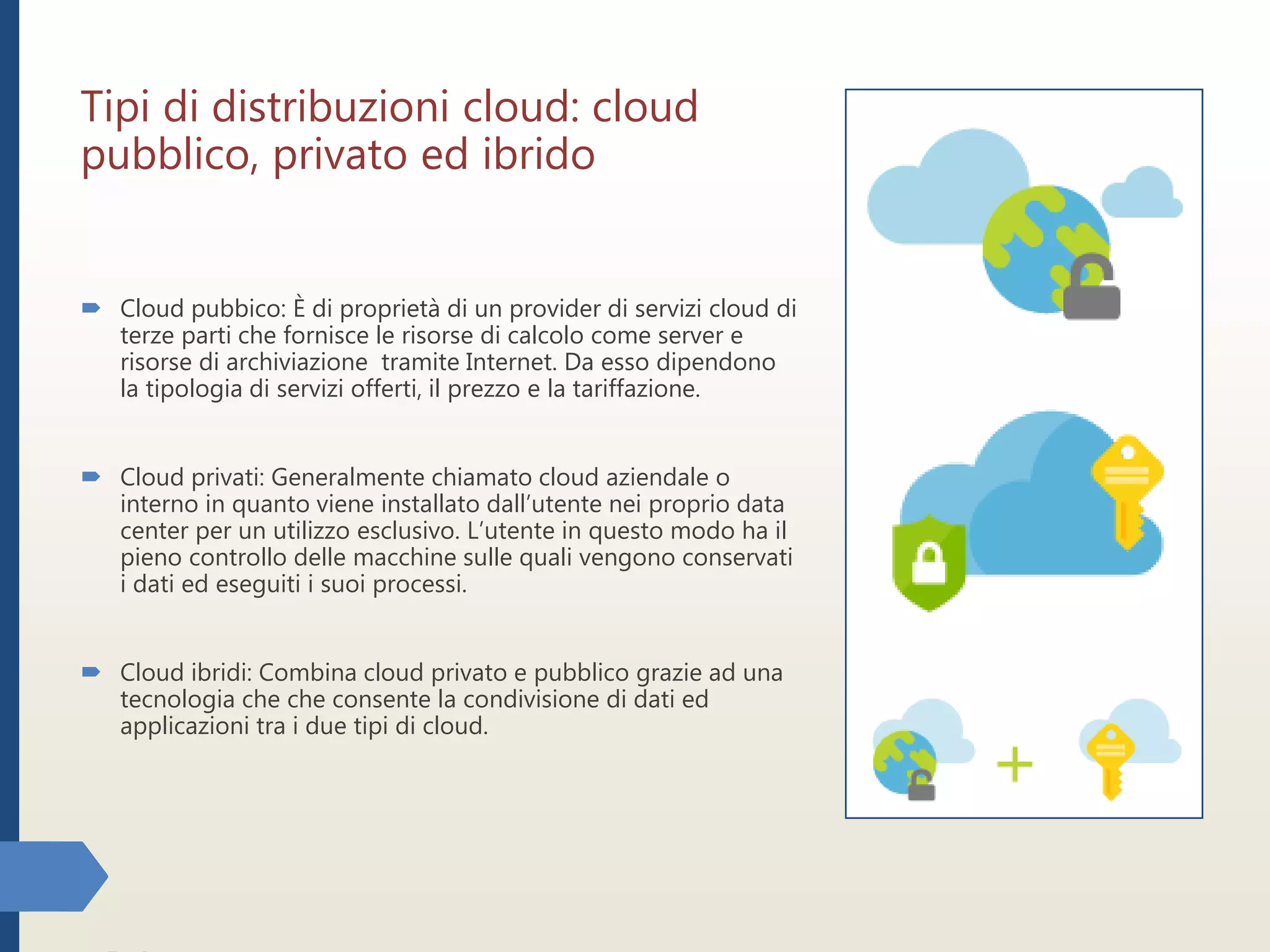 Tipi di distribuzioni cloud: cloud
pubblico, privato ed ibrido
 Cloud pubbico: È di proprietà di un provider di servizi cloud di
terze parti che fornisce le risorse di calcolo come server e
risorse di archiviazione tramite Internet. Da esso dipendono
la tipologia di servizi offerti, il prezzo e la tariffazione.
 Cloud privati: Generalmente chiamato cloud aziendale o
interno in quanto viene installato dall’utente nei proprio data
center per un utilizzo esclusivo. L’utente in questo modo ha il
pieno controllo delle macchine sulle quali vengono conservati
i dati ed eseguiti i suoi processi.
 Cloud ibridi: Combina cloud privato e pubblico grazie ad una
tecnologia che che consente la condivisione di dati ed
applicazioni tra i due tipi di cloud.
 