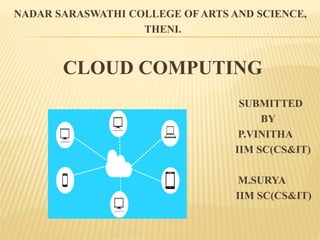NADAR SARASWATHI COLLEGE OF ARTS AND SCIENCE,
THENI.
CLOUD COMPUTING
SUBMITTED
BY
P.VINITHA
IIM SC(CS&IT)
M.SURYA
IIM SC(CS&IT)
 