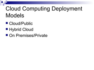 Cloud Computing Deployment
Models
 Cloud/Public
 Hybrid Cloud
 On Premises/Private
 