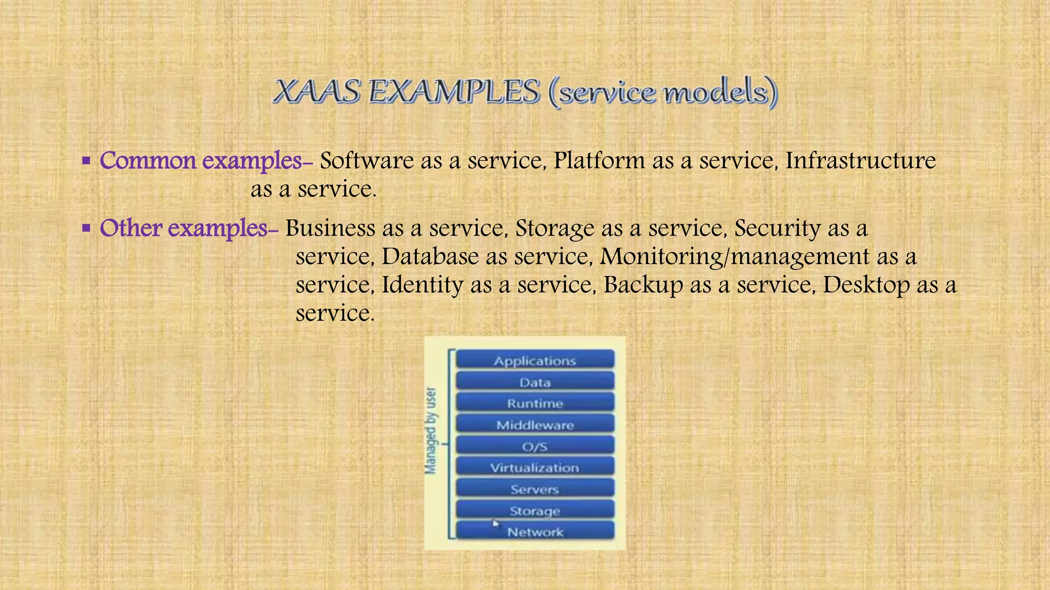  Common examples- Software as a service, Platform as a service, Infrastructure
as a service.
 Other examples- Business as a service, Storage as a service, Security as a
service, Database as service, Monitoring/management as a
service, Identity as a service, Backup as a service, Desktop as a
service.
 