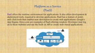 PaaS offers the runtime environment for applications. It also offers development &
deployment tools, required to develop applications. PaaS has a feature of point-
and-click tools that enables non-developers to create web applications. Google's
App Engine, Force.com are examples of PaaS offering vendors. Developer may log
on to these websites and use the built-in API to create web-based applications.
 