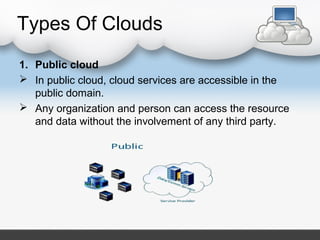 Types Of Clouds
1. Public cloud
 In public cloud, cloud services are accessible in the
public domain.
 Any organization and person can access the resource
and data without the involvement of any third party.
 