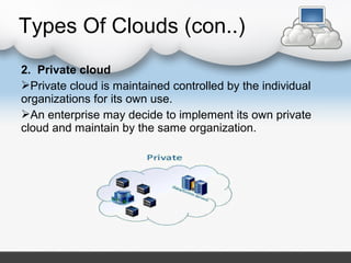 2. Private cloud
Private cloud is maintained controlled by the individual
organizations for its own use.
An enterprise may decide to implement its own private
cloud and maintain by the same organization.
Types Of Clouds (con..)
 