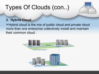 3. Hybrid Cloud
Hybrid cloud is the mix of public cloud and private cloud
more than one enterprise collectively install and maintain
their common cloud .
Types Of Clouds (con..)
 