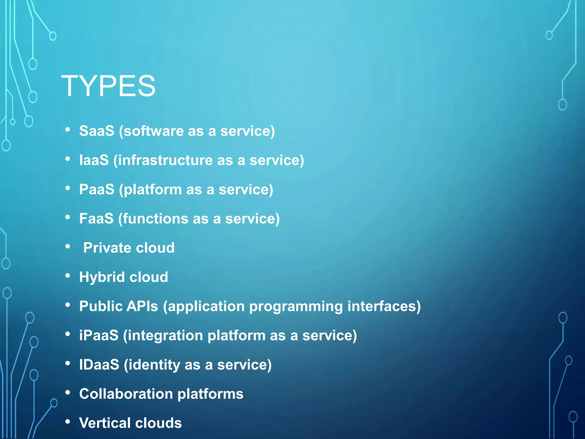 TYPES
• SaaS (software as a service)
• IaaS (infrastructure as a service)
• PaaS (platform as a service)
• FaaS (functions as a service)
• Private cloud
• Hybrid cloud
• Public APIs (application programming interfaces)
• iPaaS (integration platform as a service)
• IDaaS (identity as a service)
• Collaboration platforms
• Vertical clouds
 