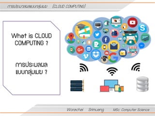 What is CLOUD
COMPUTING ?
การประมลผล
แบบกลุ่มเมฆ ?
Worachai Srimuang MSc. Computer Science
การประมวลผลแบบกลุ่มเมฆ (CLOUD COMPUTING)
 