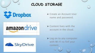 CLOUD STORAGE
 Create an Account User
name and password.
 Content lives with the
account in the cloud.
 Log on to any computer
with Wi-Fi to finf your
content.
 