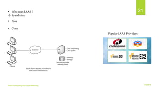 6/2/2018Cloud Computing And Load Balancing
21• Who uses IAAS ?
 Sysadmins
Popular IAAS Providers
• Pros
• Cons
 