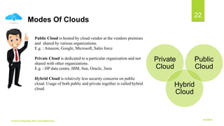6/2/2018Cloud Computing And Load Balancing
22
Modes Of Clouds
Private
Cloud
Hybrid
Cloud
Public
Cloud
Public Cloud is hosted by cloud vendor at the vendors premises
and shared by various organizations.
E.g. : Amazon, Google, Microsoft, Sales force
Private Cloud is dedicated to a particular organization and not
shared with other organizations.
E.g. : HP data centre, IBM, Sun, Oracle, 3tera
Hybrid Cloud is relatively less security concerns on public
cloud. Usage of both public and private together is called hybrid
cloud.
 